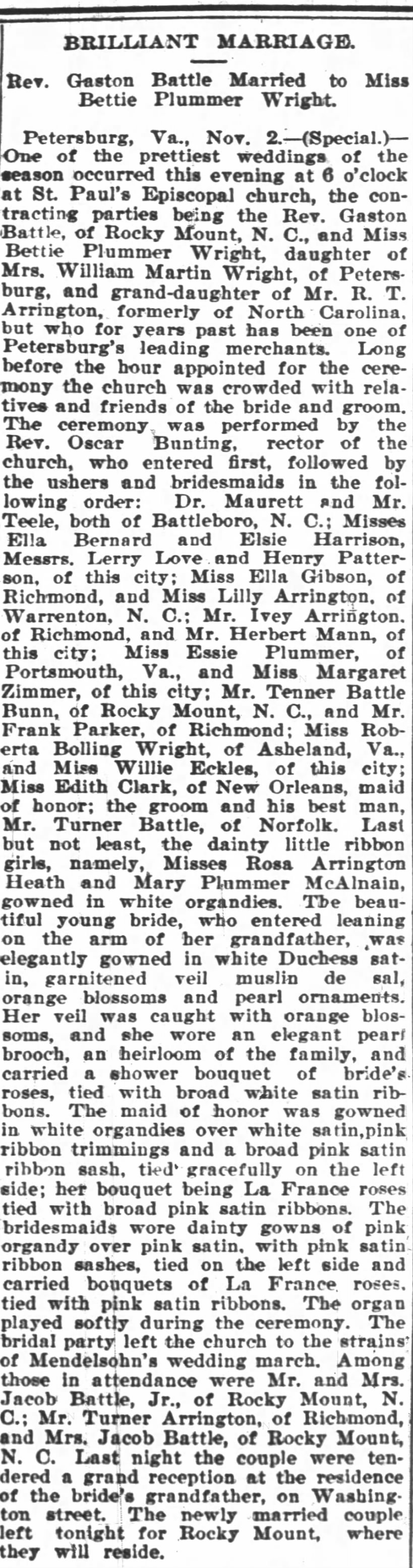 The wedding of Gaston Battle and Bettie Plummer Wright at St. Paul's