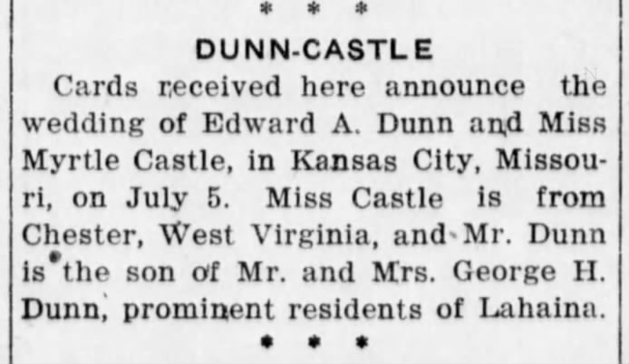 Marriage of Edward Dunn and Myrtle Castle.