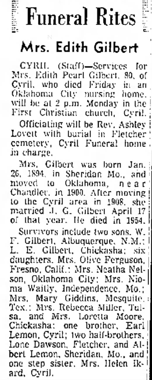 Date: 9 Feb 1964, Sun
9 Feb 1964, Sun
Edith Pearl Gilbert's Obituary