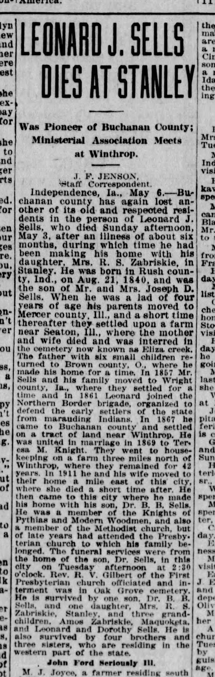 Leonard J. Sells - d. 6 May 1925, Wed.
Page 19 
The courier (Waterloo, Iowa)