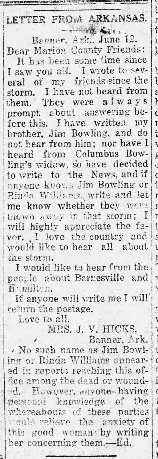 Annie Hicks writing to find out about her brothers in alabama 1920