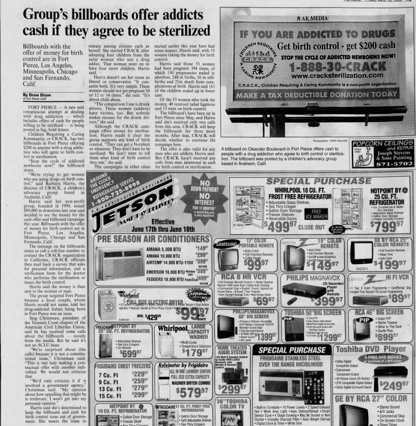 "Group's billboards offer addicts cash if they agree to be sterilized" Fort Pierce News 18/06/1999