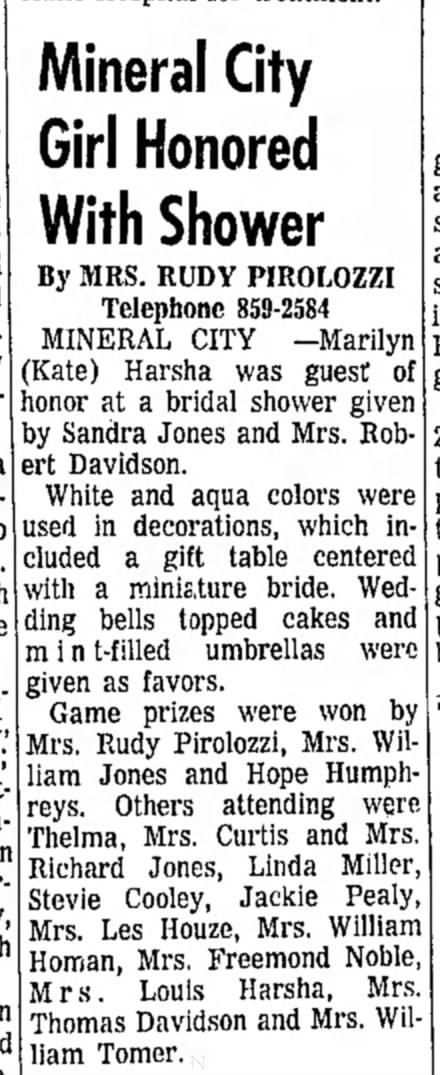 Kate Harsha Jones wedding shower 1968
