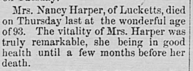 Nancy Harper dies 1893