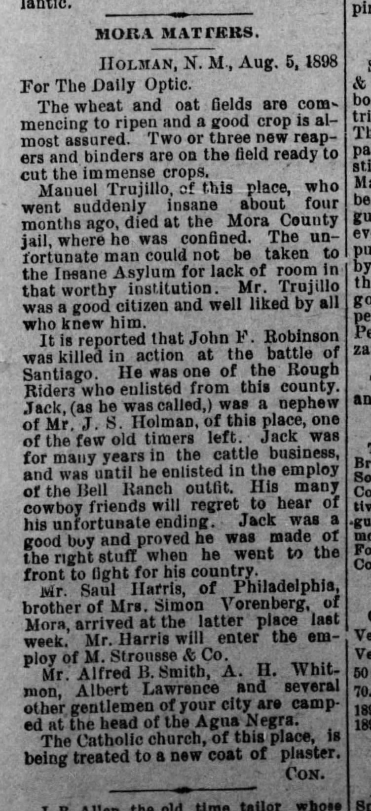 John F. Robinson, Rough Rider, killed in Cuba