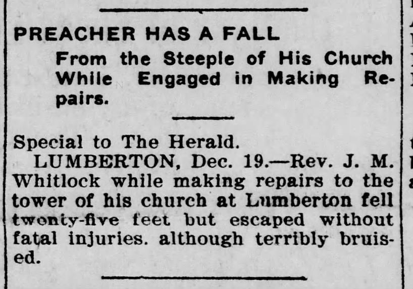 Rev. J.M. Whitlock falls from steeple, 1901