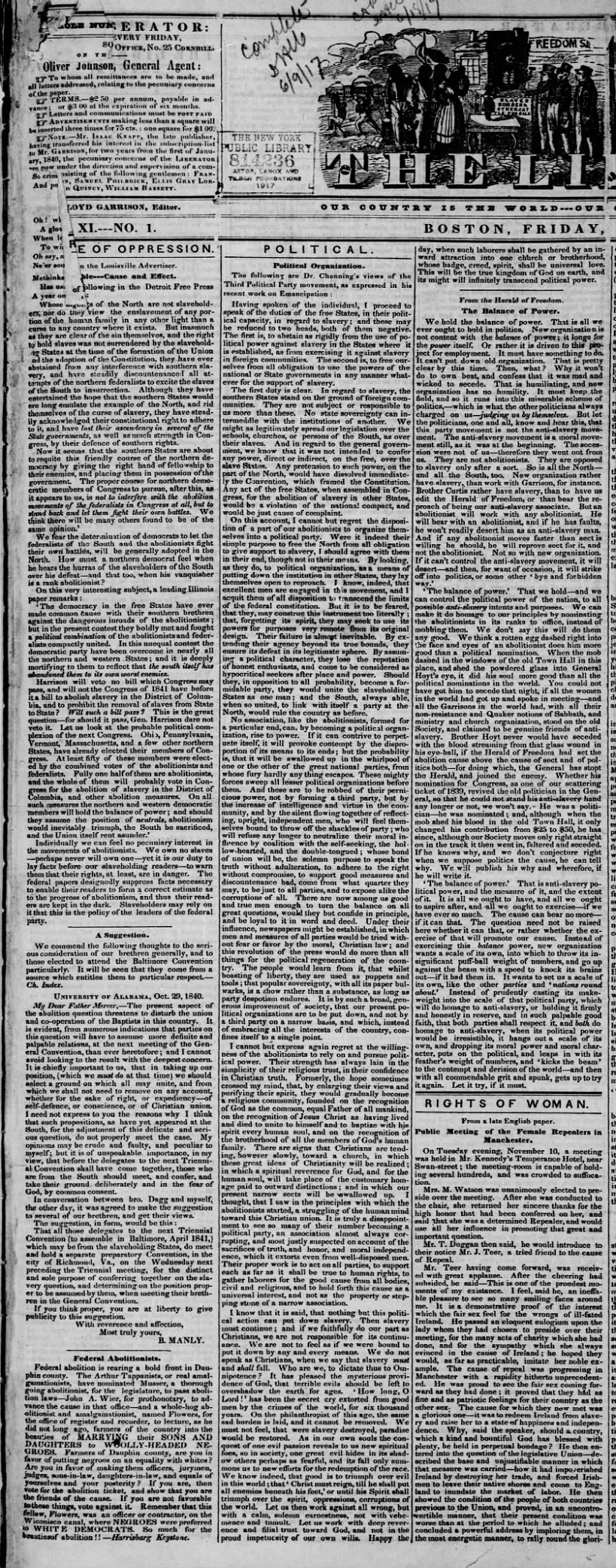 THE LIBERATOR, 01 JAN 1841 FRI, PAGE 1, SECTION 1