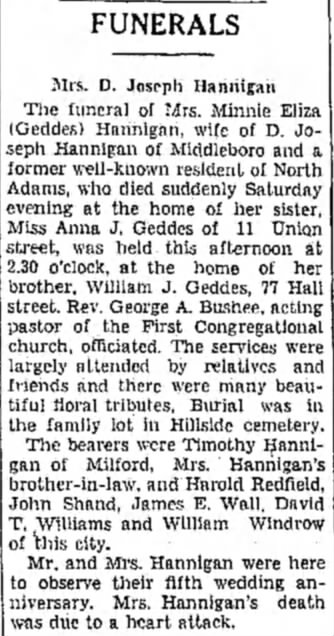 Funeral Minnie Eliza Geddes Hannigan  died April 17, 1937
