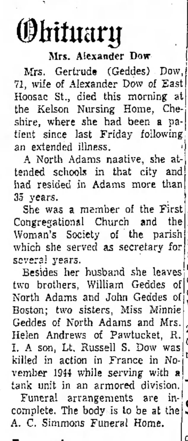 Obit Gertrude Geddes Dow  June 5, 1959