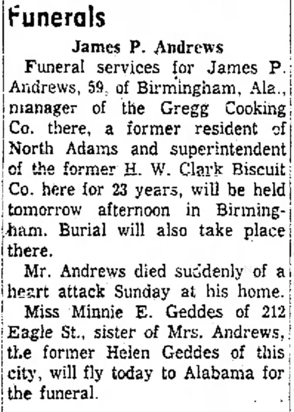 Funeral James P Andrews husband of Helen Geddes died April 27, 1958