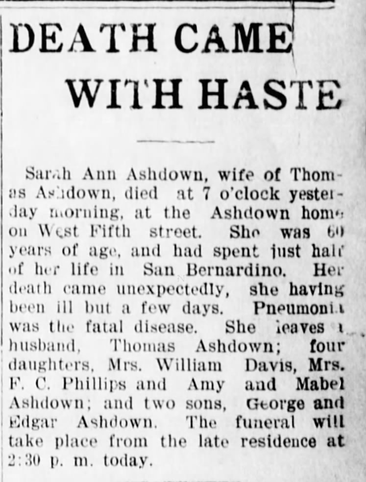 Obituary Sarah Ann Ashdown, 9 January 1902 The San Bernardino County Sun