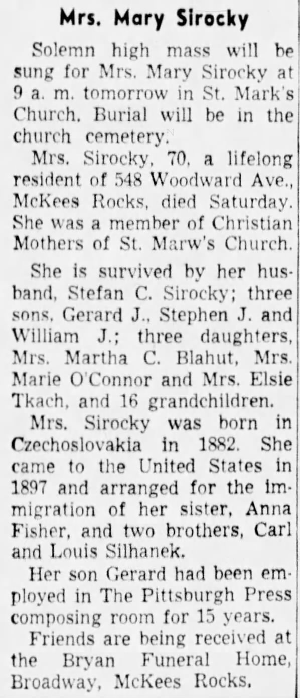 Obituary of Mrs. Mary (Silhanek) Sirocky