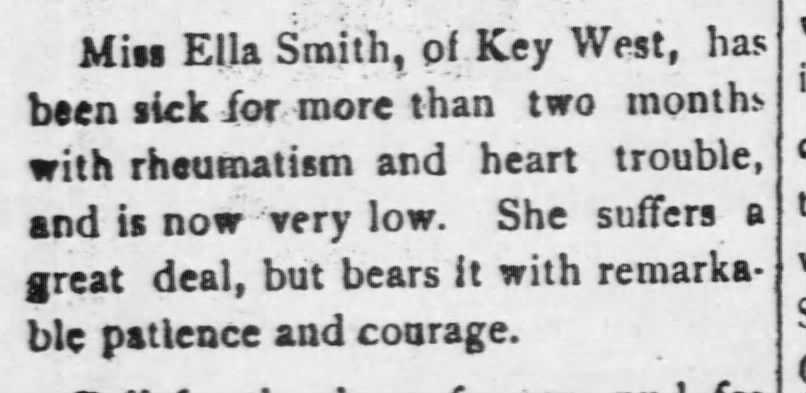 Miss Ella Smith of Key West Sick More Than Two Months