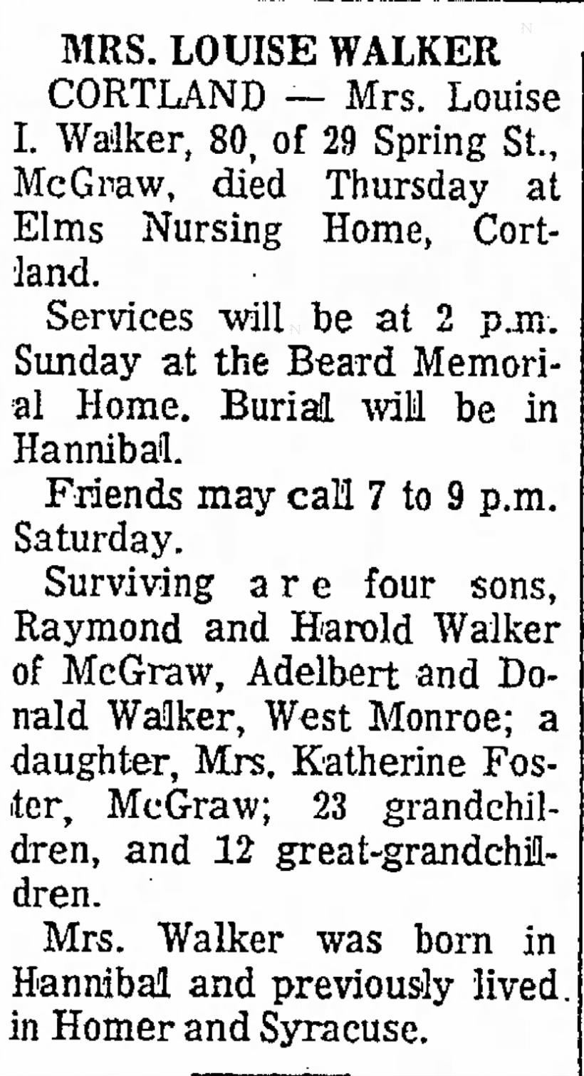 Louise (Buck) Walker Obituary
The Post-Standard (Syracuse) August 12, 1966