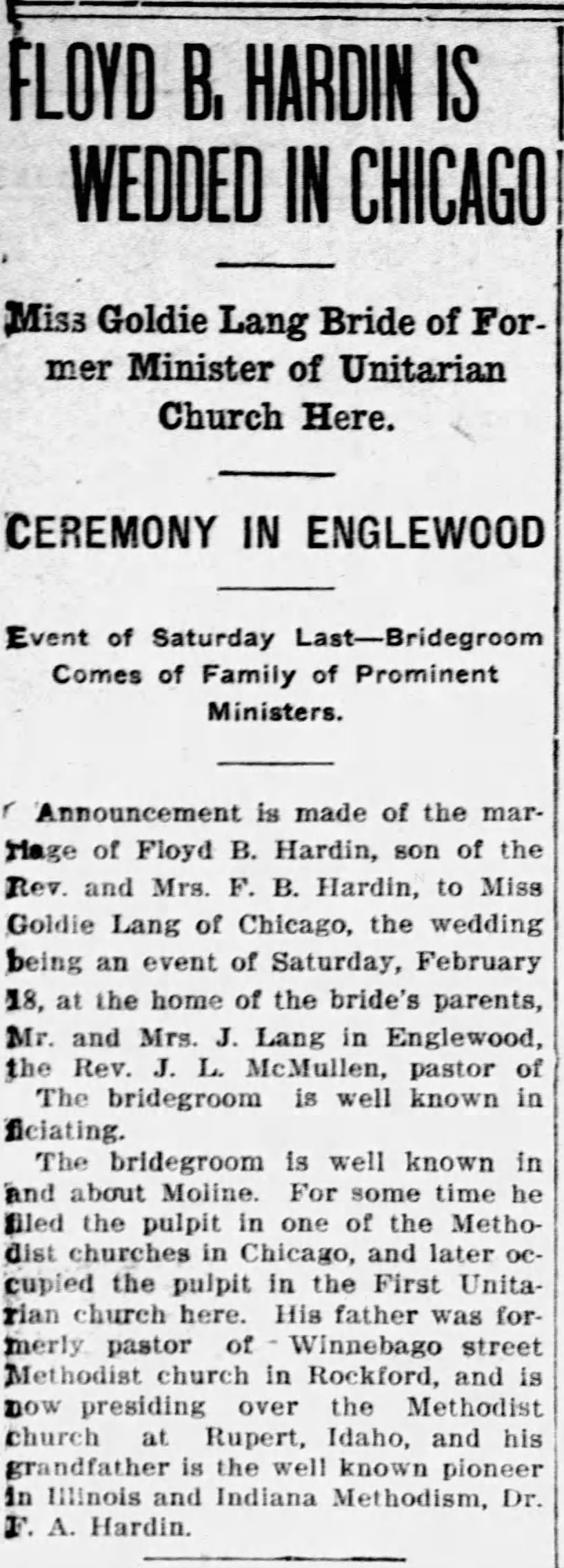 Floyd B Hardin is Wedded in Chicago
