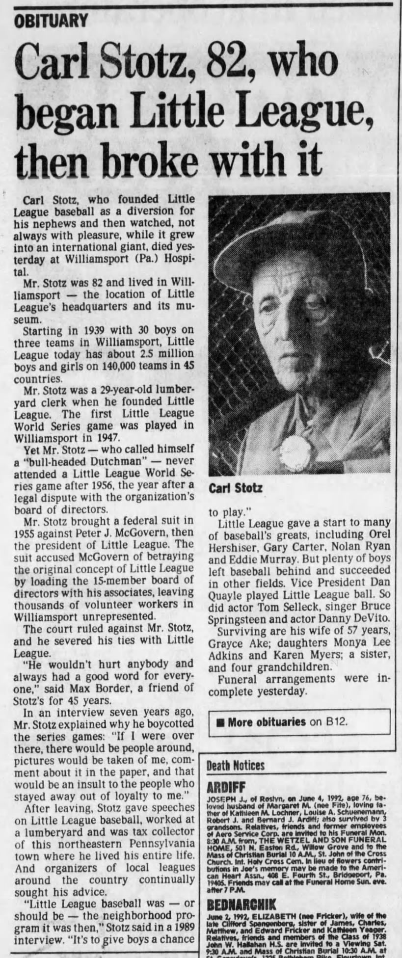 Carl's obituary, Little League