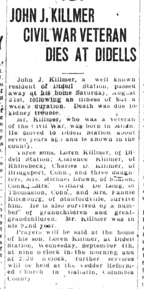 John J. Killmer obituary
Poughkeepsie Eagle-News
Monday, September 2, 1918