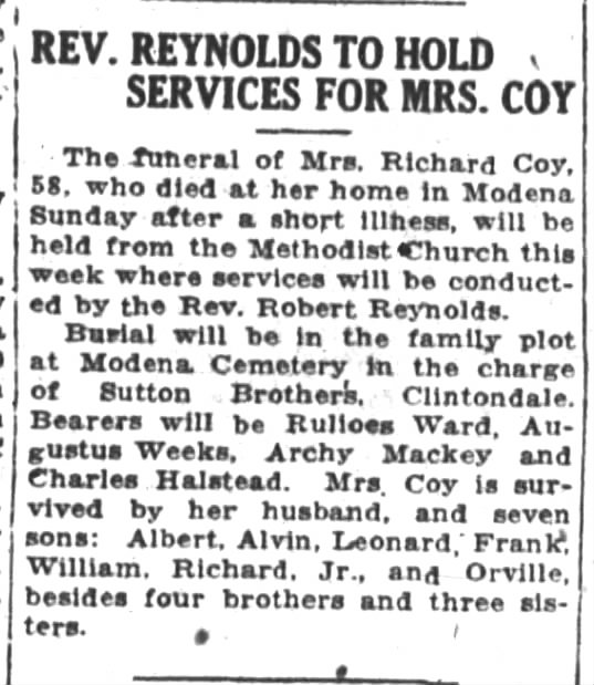 Mrs. Richard Coy obituary
The Poughkeepsie Eagle-News
Tuesday, September 27, 1927