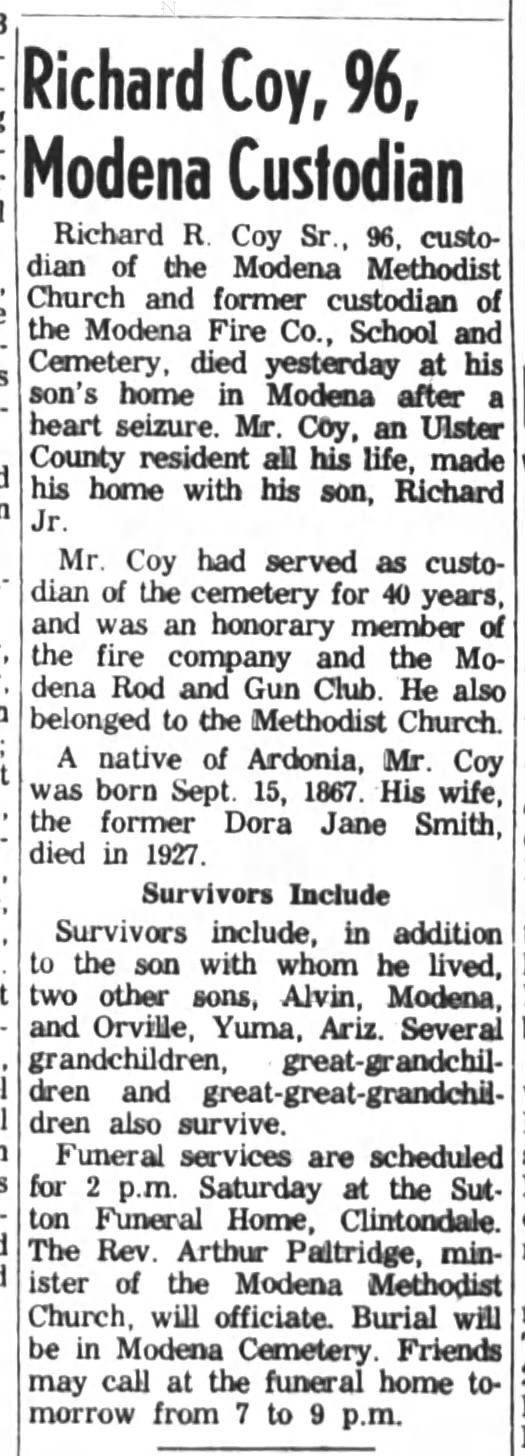 Richard R. Coy Sr obituary
Poughkeepsie Journal
Thursday, June 11, 1964