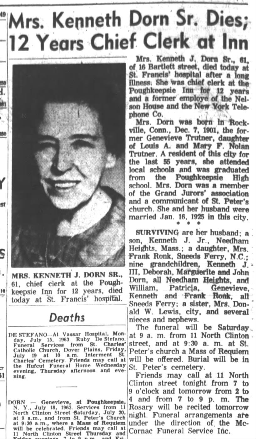 Genevieve Trutner Dorn obituary
Poughkeepsie Journal
Thursday, July 18, 1963