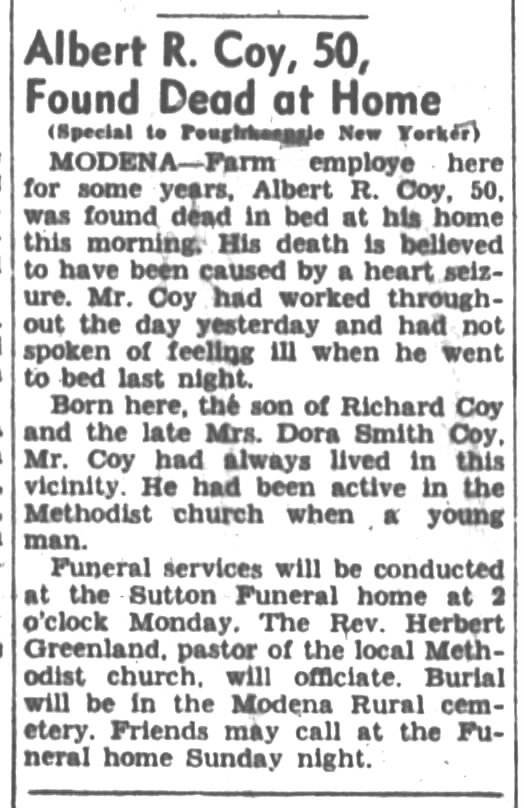 Albert R. Coy obituary
Poughkeepsie New Yorker
Friday, December 31, 1943