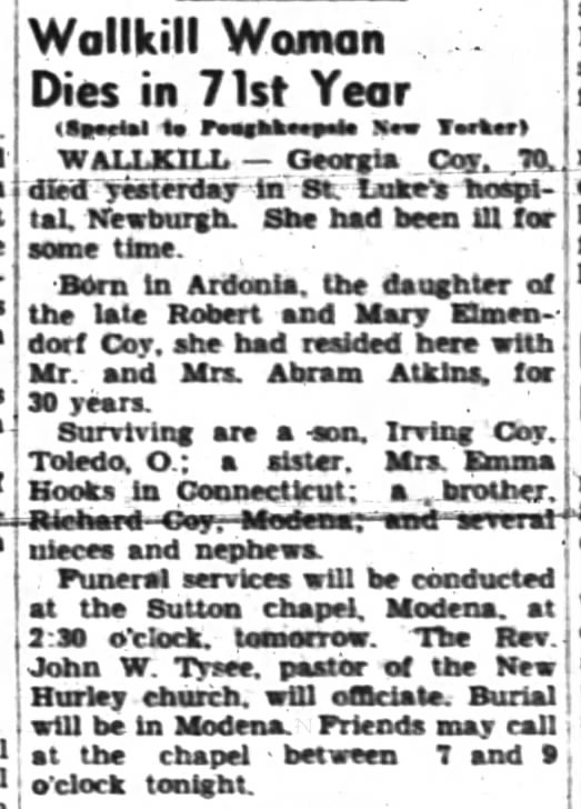Georgia Coy obituary
Poughkeepsie New Yorker
Monday, December 2, 1946