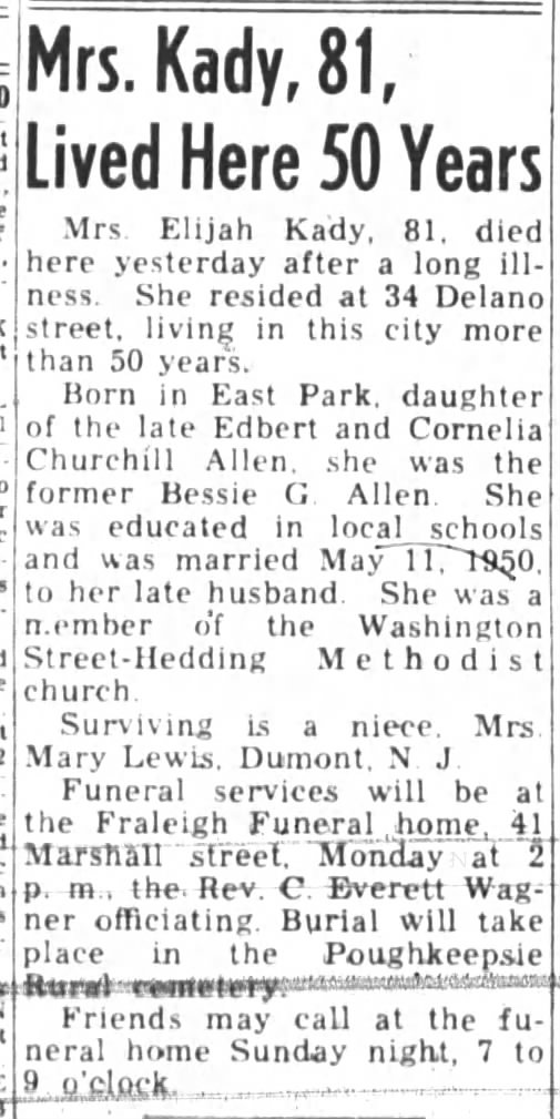 Bessie G. Allen Kady obituary
Poughkeepsie Journal
Saturday, September 23, 1961