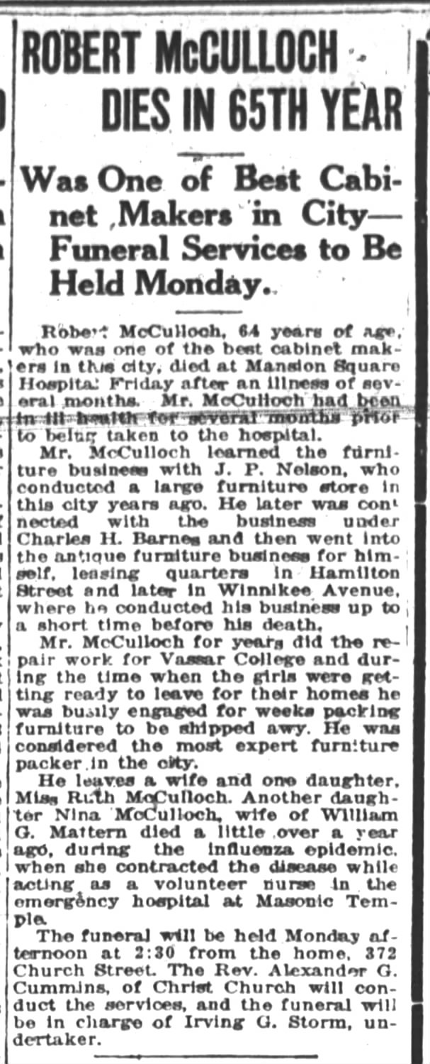 Robert McCulloch obituary
Poughkeepsie Eagle-News
Saturday, April 17, 1920