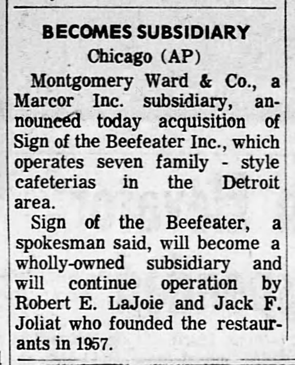 Sign of the Beefeater restaurants acquired by Montgomery Wards - 28 Apr 1972