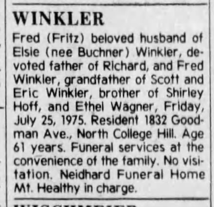 Fred "Fritz" Winkler obit DOD 25 jul 1975 age 61