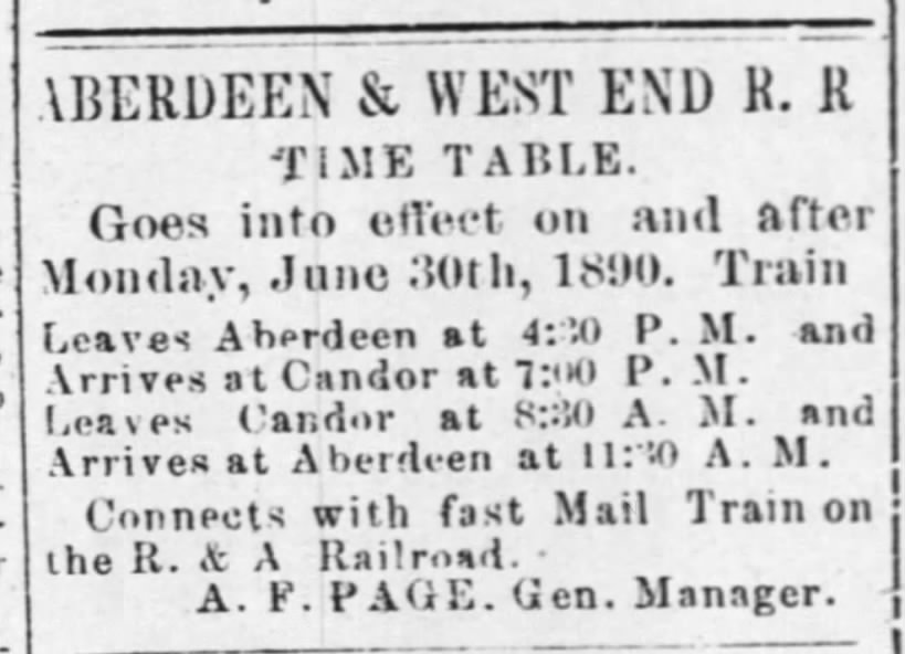 Aberdeen & West End timetable, June 30, 1890