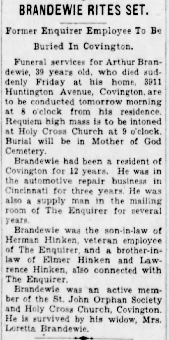 Arthur Brandewie Obituary
10 Jul 1932