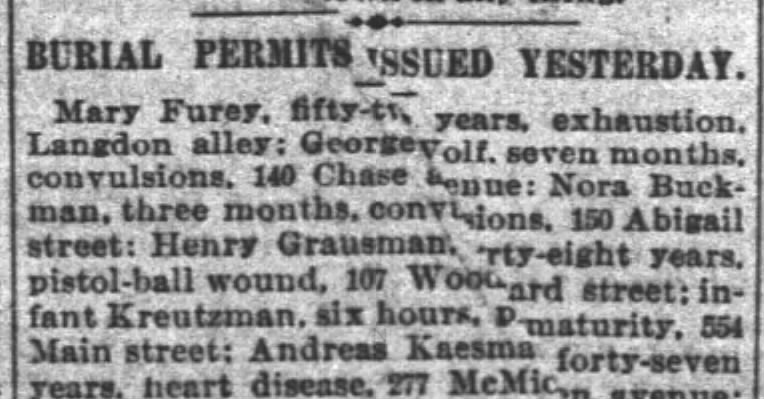 Furey, Mary Burial Permit
Enquirer 6-19-1888