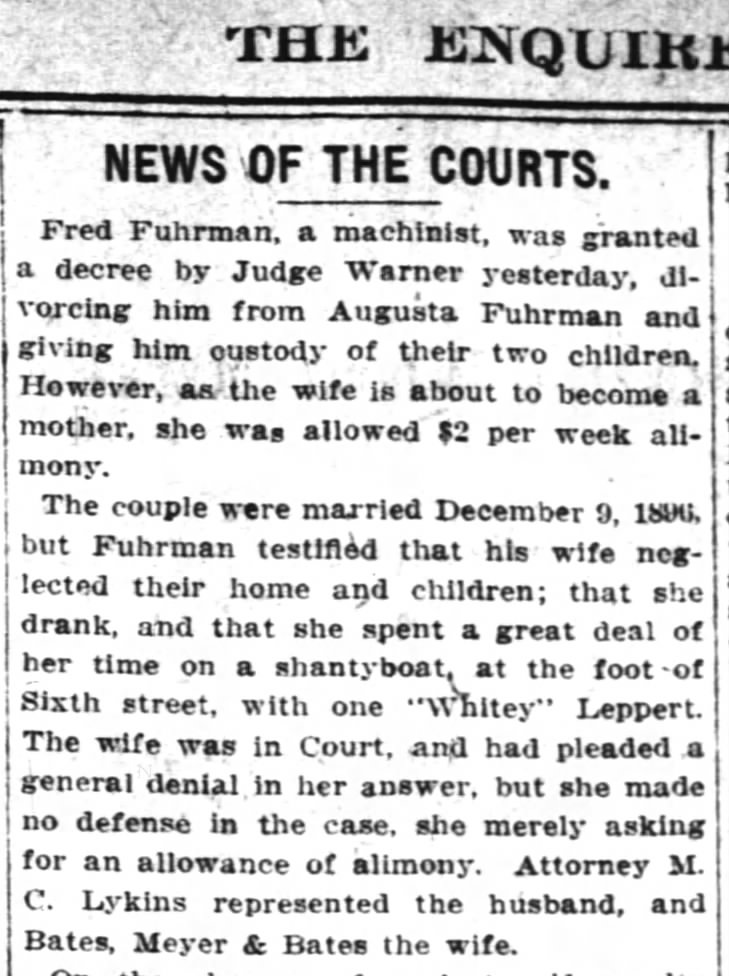 Enquirer 12-15-1910
Frederick & Augusta Fuhrman Divorce