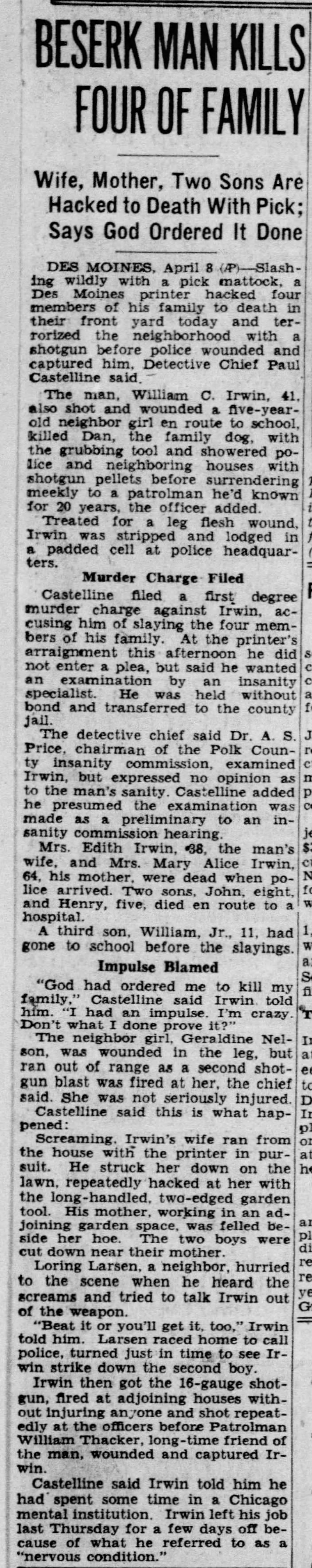 William Irwin kills family 1946