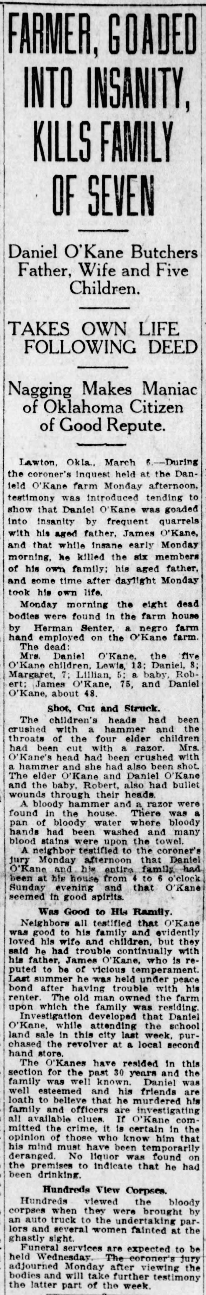OKane kills family 1916