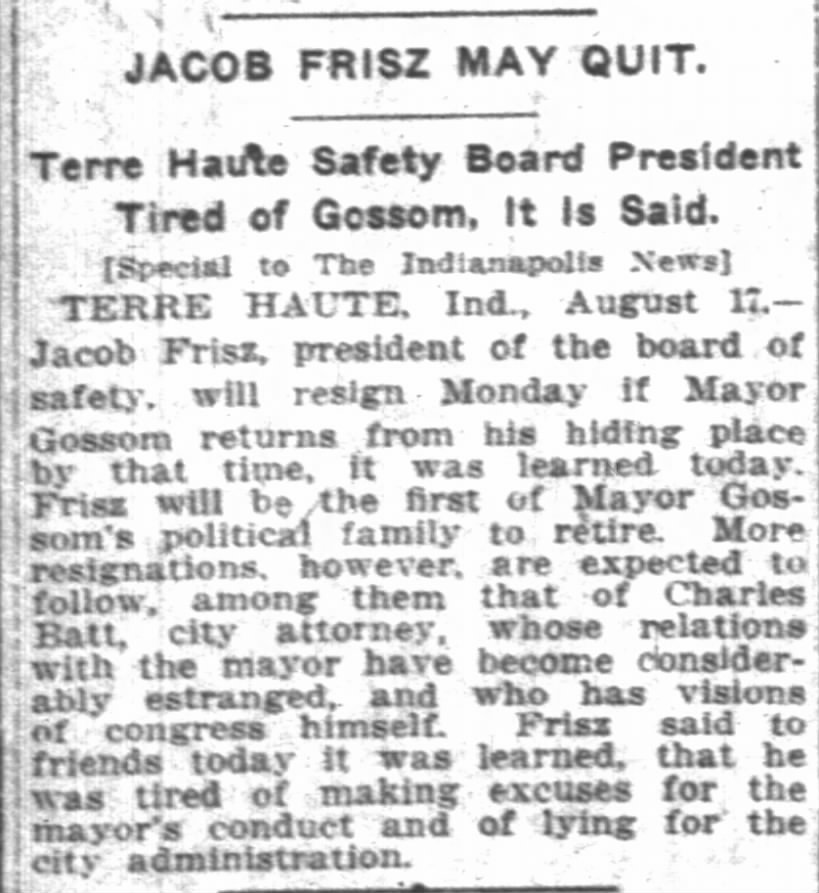 Jacob Frisz Resigns 1917