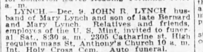 John R Lynch husbandof Mary Dec 1919 obit