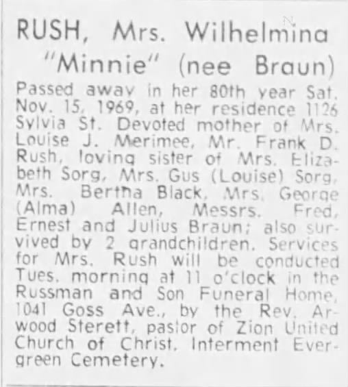 Rush, W C nee Braun Obit 11.17.1969