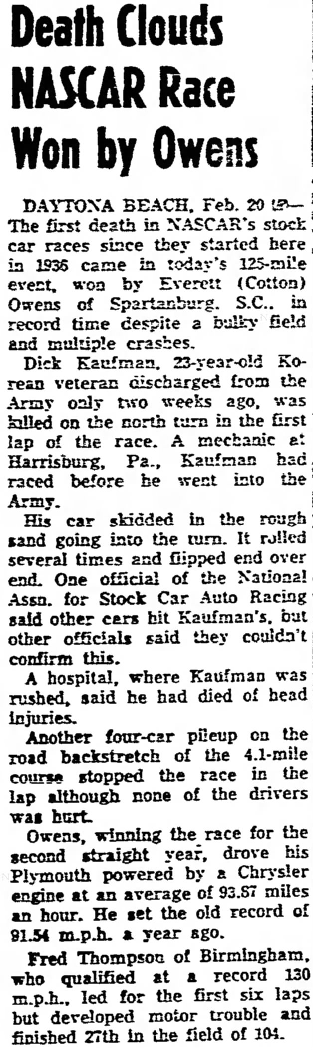Death of race car driver Dick Kaufman