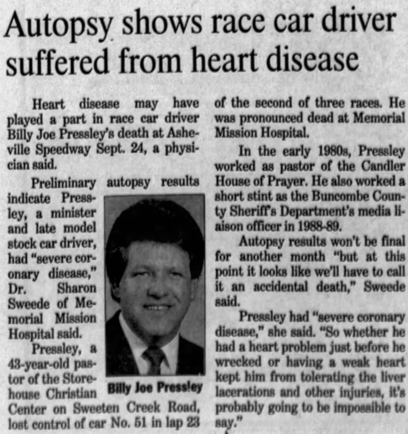 Autopsy of race car driver Billy Joe Pressley