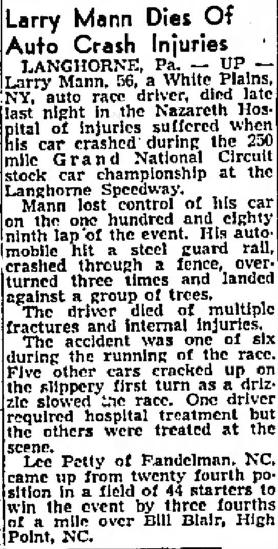 Death of race car driver Larry Mann
