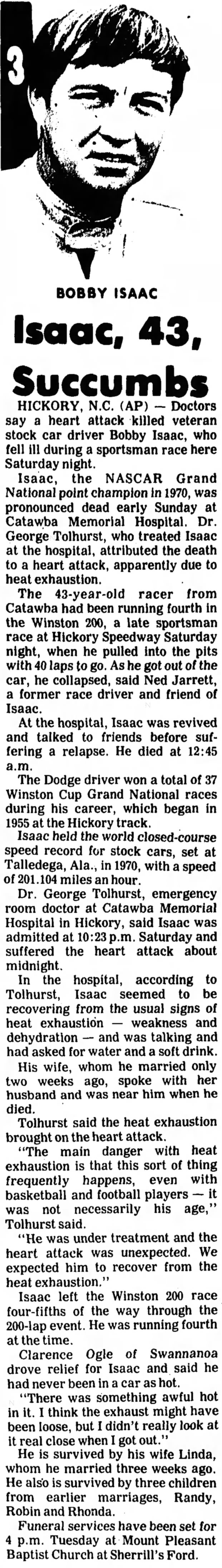 Death of race car driver Bobby Isaac