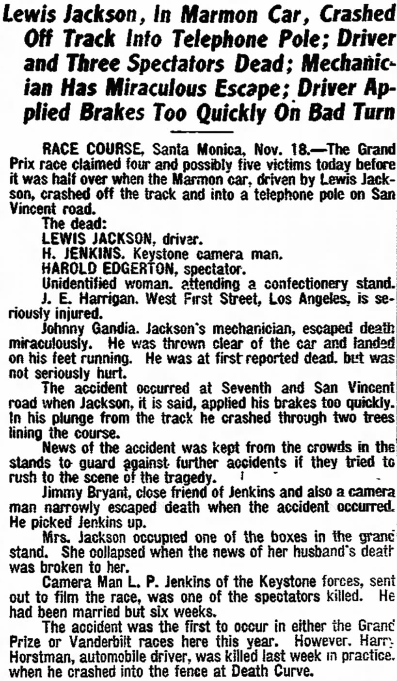 Deaths of race car driver Lewis Jackson and three other auto race attendants