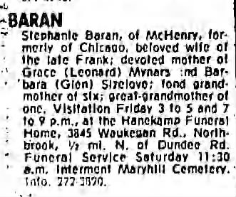 Stephanie Baran, Death Notice, 24 Feb 1984