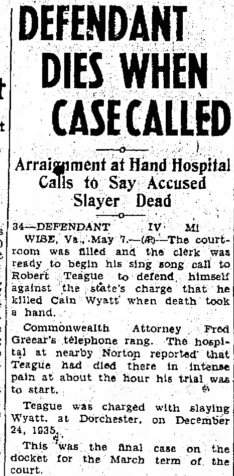Newspaper "The Bee", Daville, Virginia 7 May 1936 Thursday - Robert Teague who shot and killed Cayne