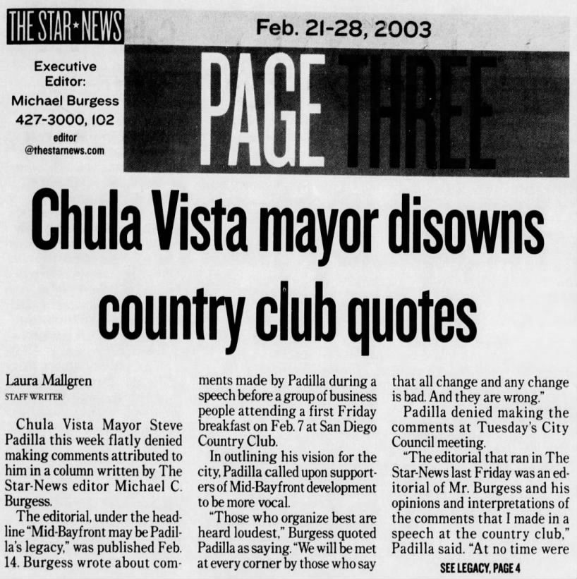 Chula Vista mayor disowns country club quotes