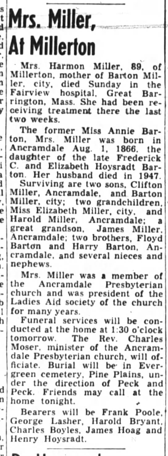 Annie Barton w/o Harmon Miller died