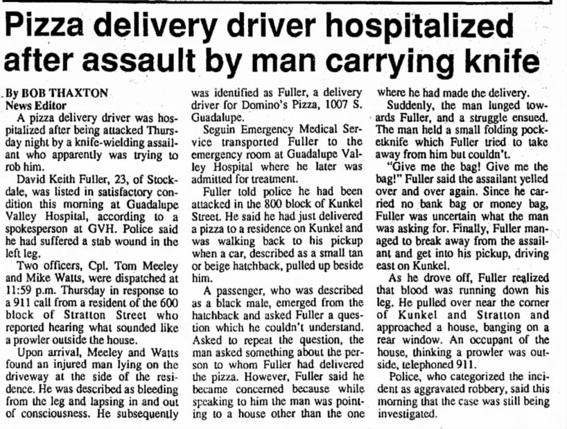 Pizza Delivery man robbed
January 21, 1994