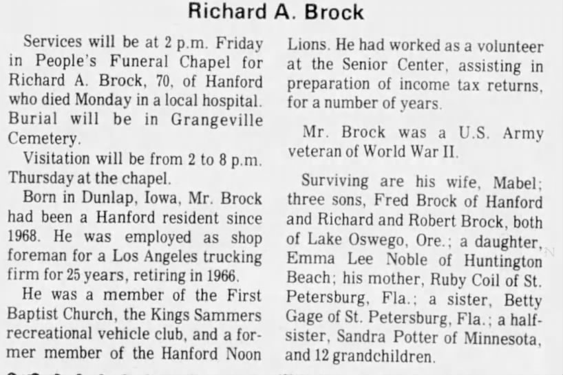 Obituary for Richard A. Brock (Aged 70)